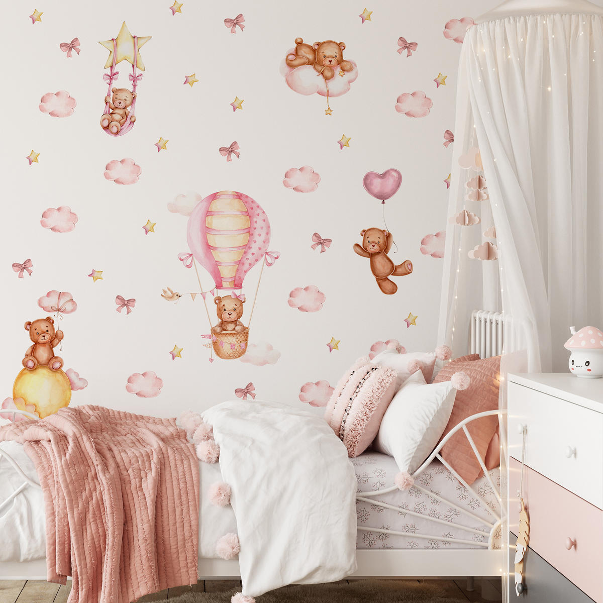 WANDSTICKER Teddybären rosa Wolken Sterne Ballons 60x30 - Gelb/Beige, Papier (60/30/1cm) - Muralo