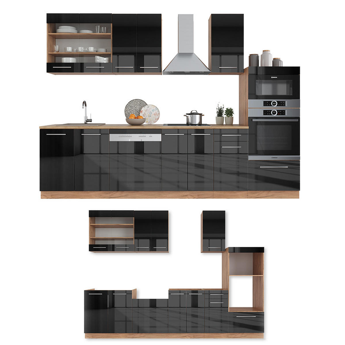 KÜCHENZEILE Fame-Line Anthrazit Hochglanz/Goldkraft Eiche 300 cm ohne AP - Honigeiche/Anthrazit, Holzwerkstoff (300/81.6/46cm) - Vicco
