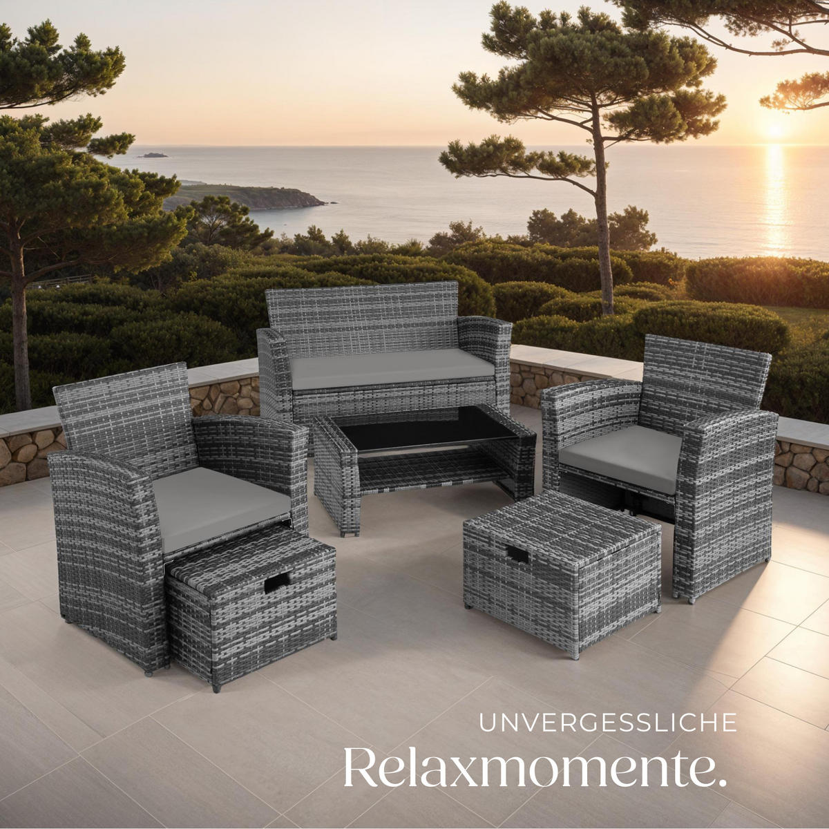 RATTAN SITZGRUPPE Modena,inklusive Staufach und Schutzhülle,grau - Grau, Kunststoff - tectake