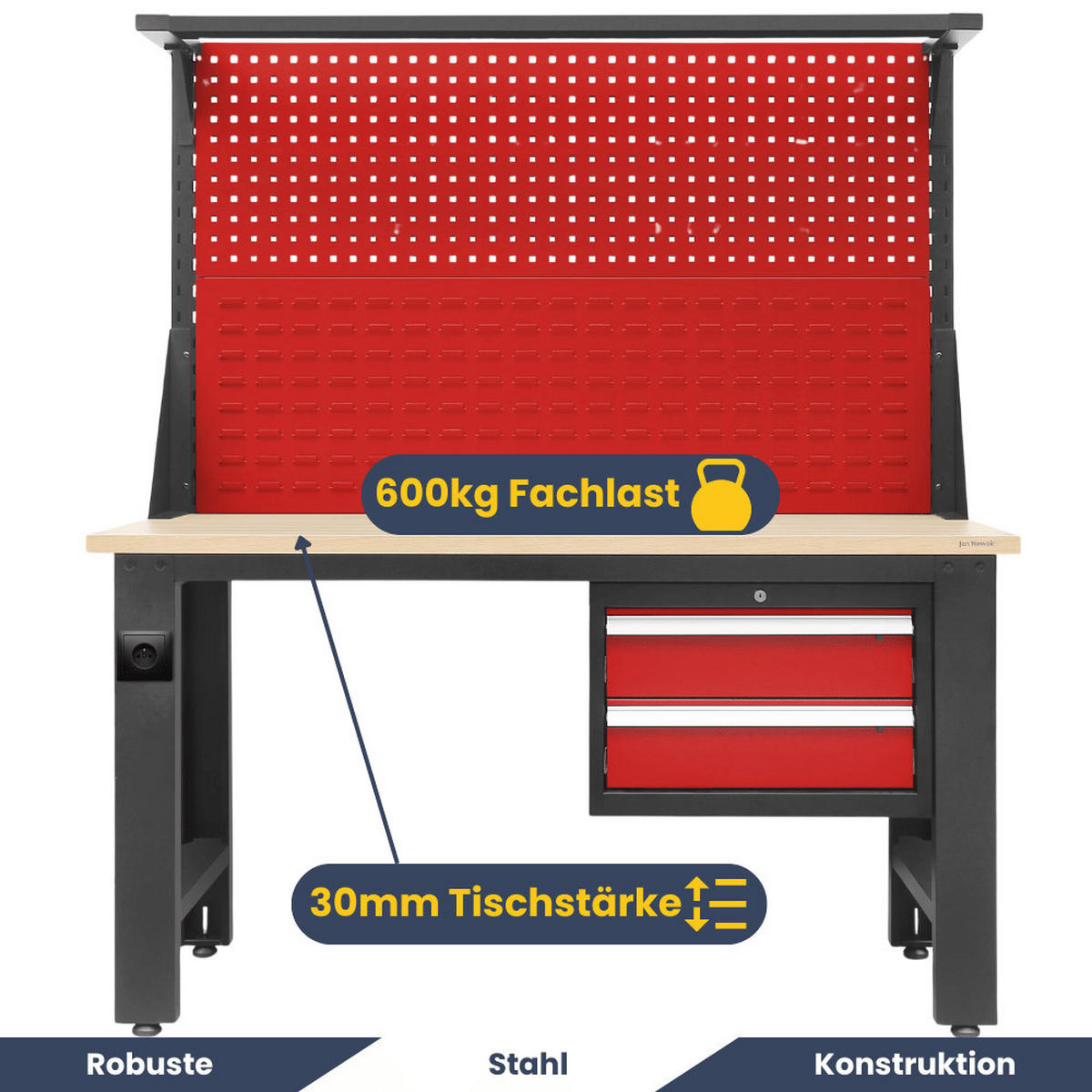 WERKBANK Werkstatt LOGAN 170x150x75cm Anthrazit-Rot Platte Braun - Anthrazit, Metall (150/170/75cm) - Jan Nowak