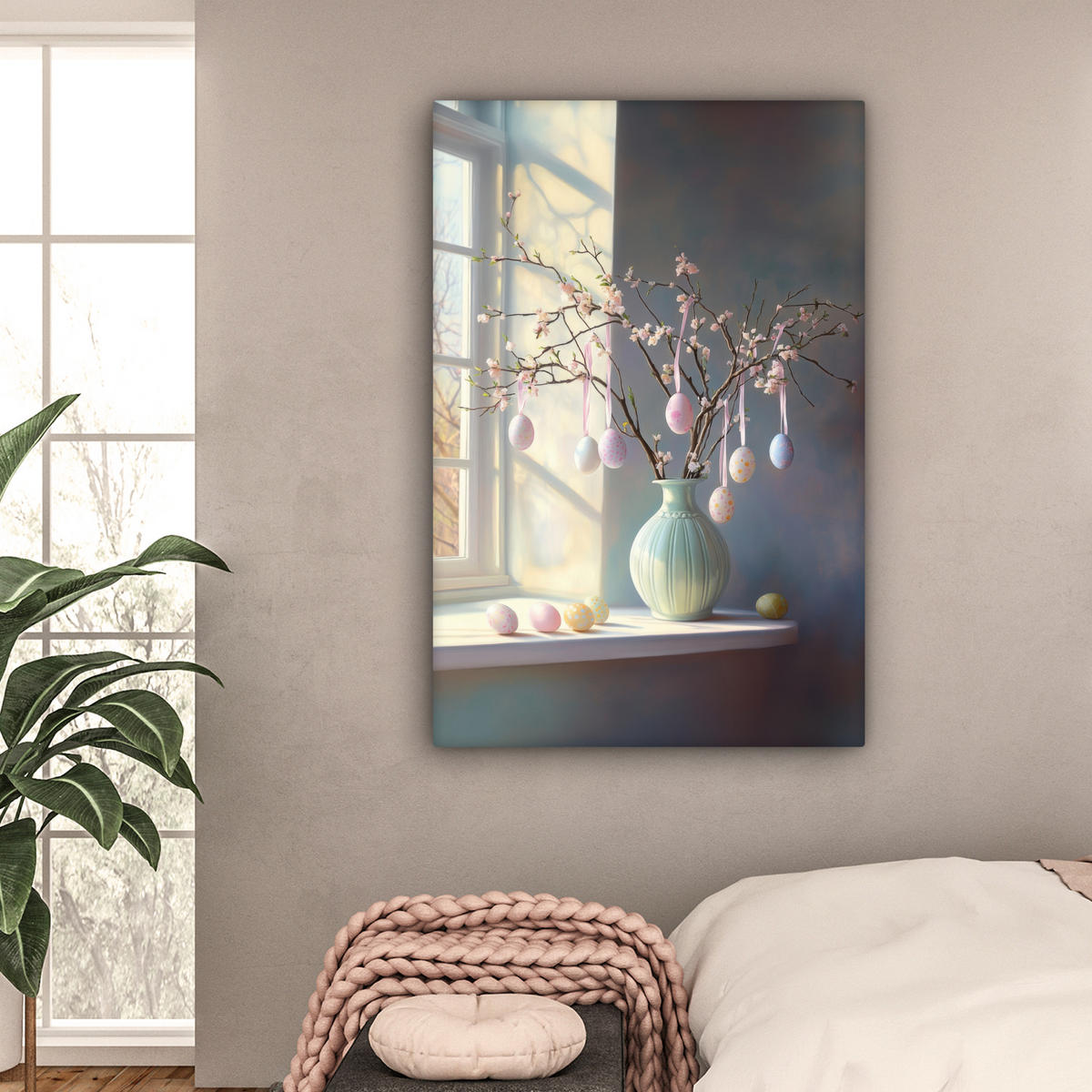 LEINWANDBILD Stillleben - Vase - Osterzweig Deko Groß 90x140 cm - Hellblau, Textil (90/140cm) - MuchoWow