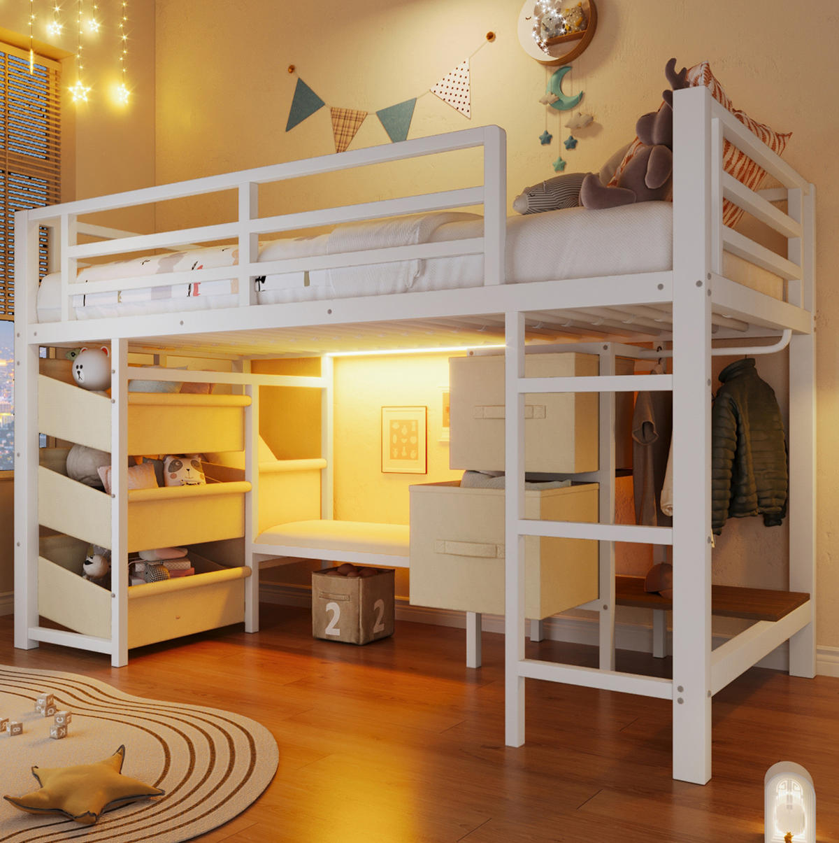 HOCHBETT aus Metall 90x200 cm in Weiß mit LED & Stoffschublade - Weiß, Metall (90/200cm) - Modfu