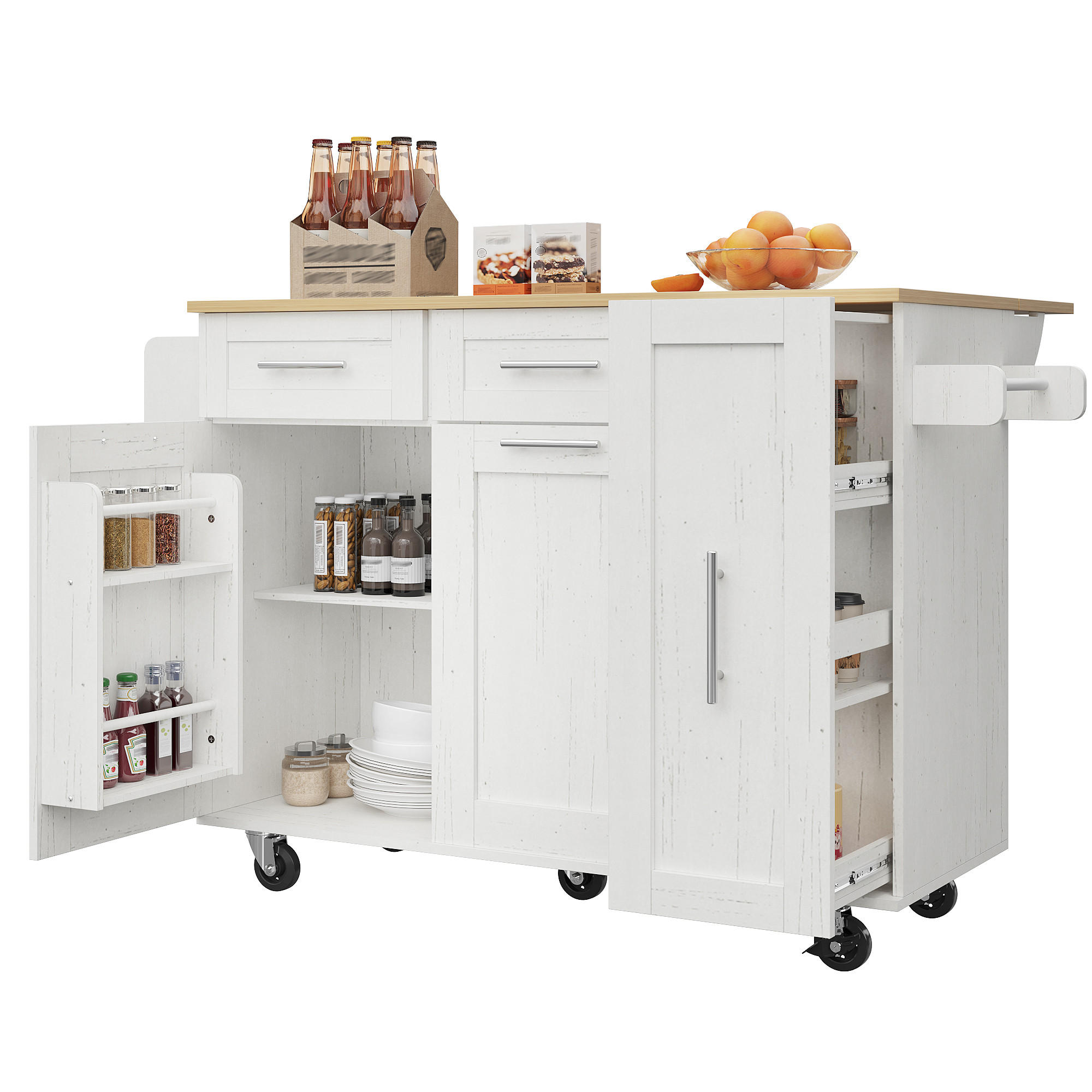 KÜCHENINSEL in Weiß Küchenwagen mit Holzmaserung, Snackregalen , Stauraum und multifunktional , B110/T74/H90.5cm - Weiß, Holzwerkstoff/Metall (134.5/90.5/74cm) - STILVORA