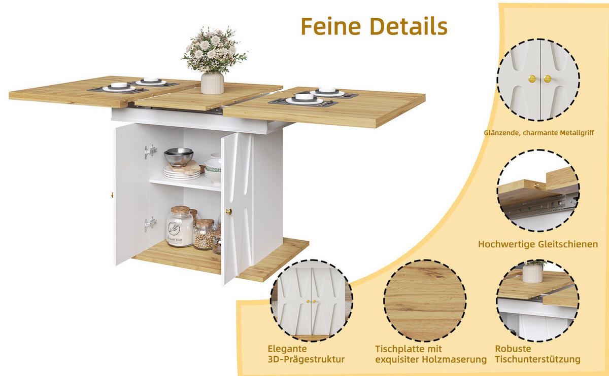 ESSTISCH ausziehbar mit Stauraum, MDF & Metall, 110(140)/70/76,5 cm, Weiß - Weiß, Holzwerkstoff (110/70/76.5cm) - Redom