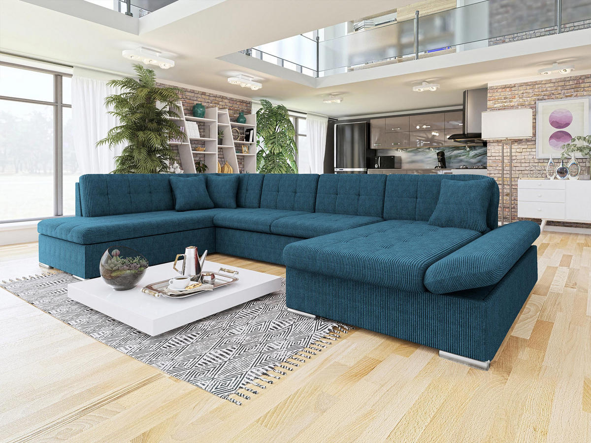ECKSOFA Bergen Cord, Seite: Rechts - Blau/Silberfarben, Holz/Textil (345/76/205cm) - MIRJAN24
