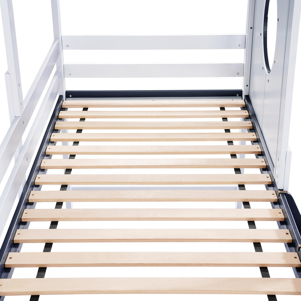 KINDEREINZELBETTEN aus Massivholz und MDF 90x200 cm in Weiß/Dunkelblau mit Dach & Fenster - Weiß, Holzwerkstoff (90/200cm) - Modfu