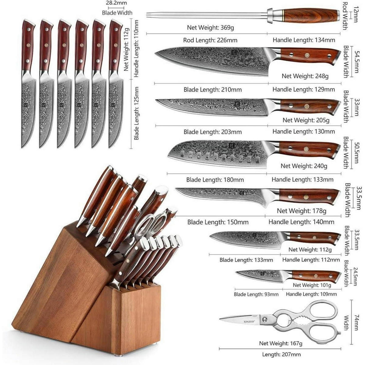 MESSERBLOCKSET 15-teiliges Set Damaststahl mit Wetzstahl und Küchenschere - Braun, Holz