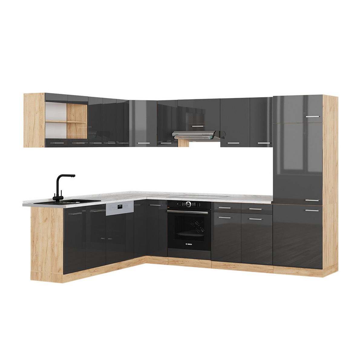 ECKKÜCHE R-Line Anthrazit Hochglanz/Goldkraft Eiche 227 x 287 cm AP Marmor - Honigeiche/Anthrazit, Holzwerkstoff (287/81.6/60cm) - Vicco