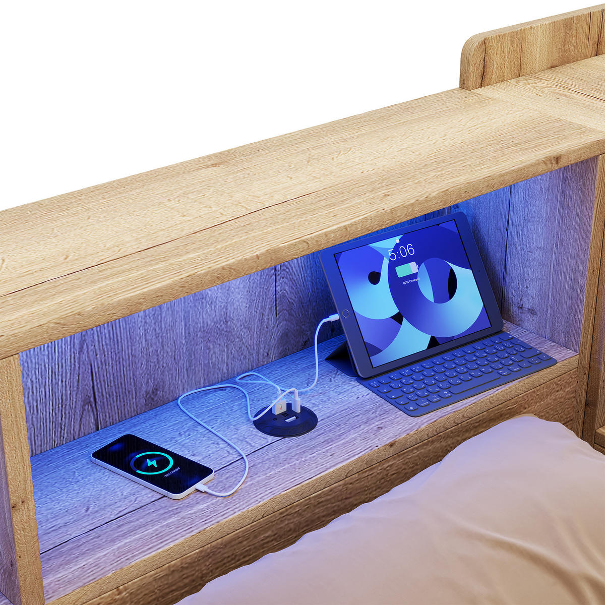 KINDERBETT Natur 90x200 LED USB Schreibtisch Stauraum - Naturfarben, Holzwerkstoff (90/200cm) - FLIEKS
