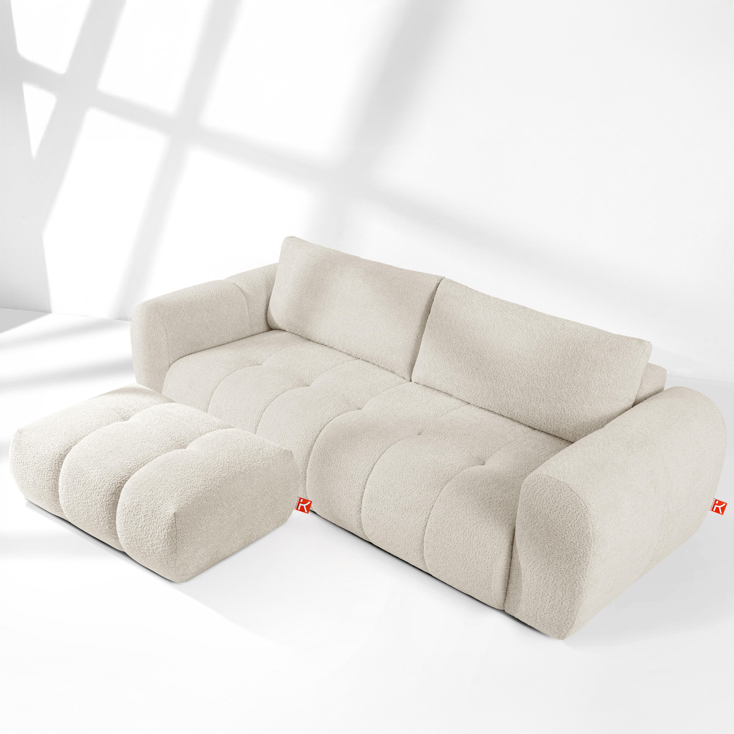 SOFA LIRA mit Pouf, Weiß, Bouclé - Weiß, Holz/Holzwerkstoff (96/43/50cm) - KONSIMO®