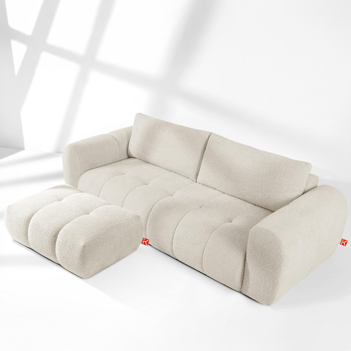 SOFA LIRA mit Pouf, Weiß, Bouclé - Weiß, Holz/Holzwerkstoff (96/43/50cm) - KONSIMO®