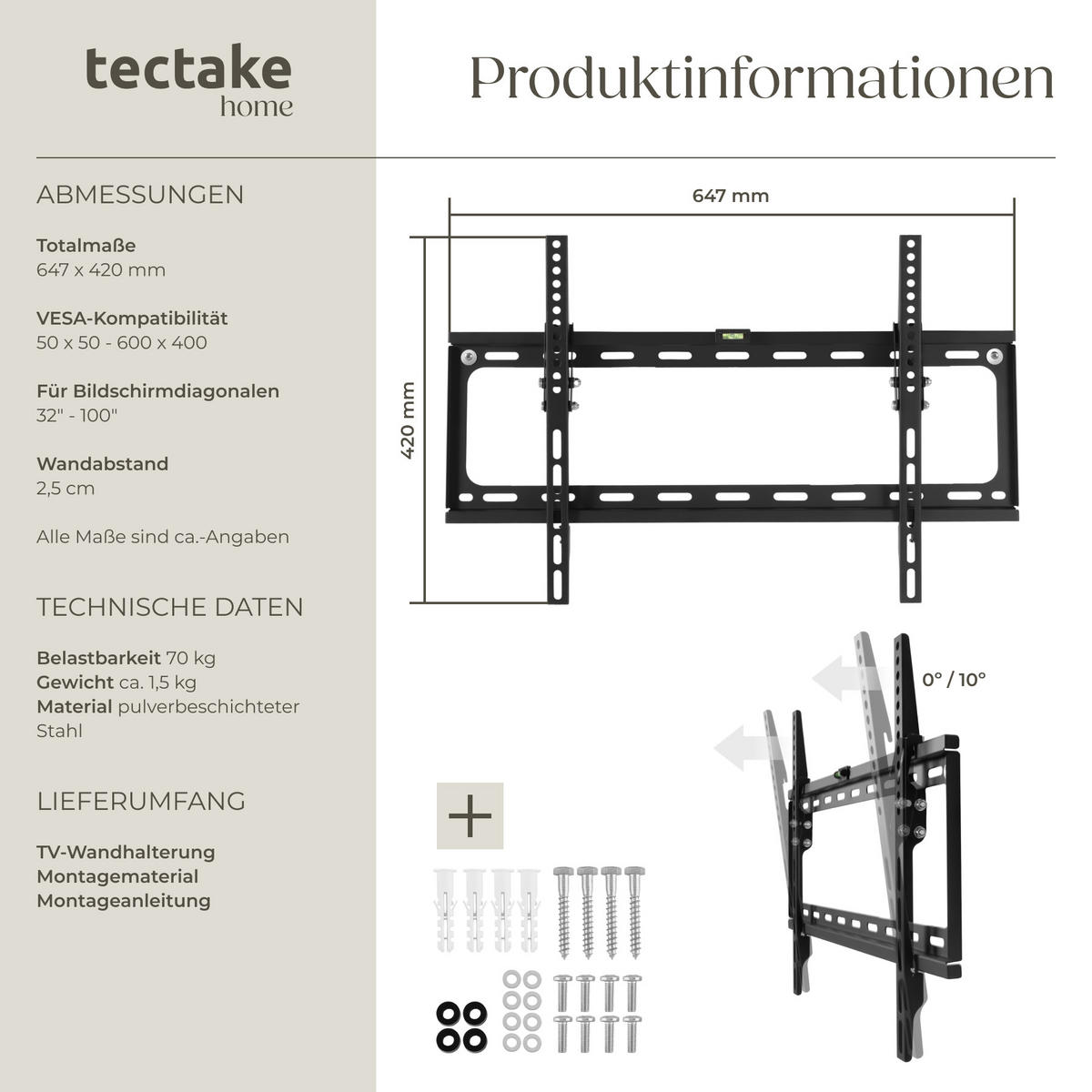 TV-WANDHALTERUNG, bis 70 kg,schwarz - Schwarz, Metall (42/2.5/64.7cm) - tectake