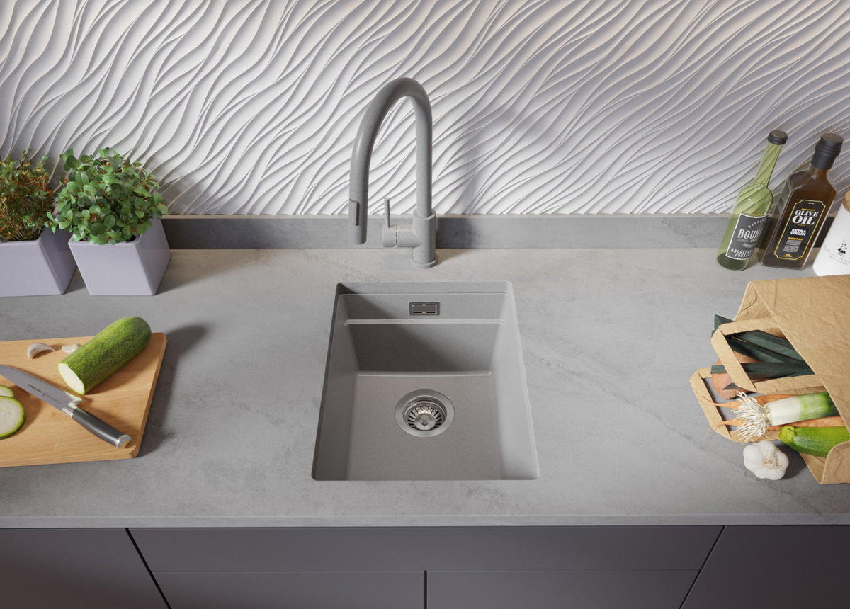 UNTERBAUSPÜLE GRANIT Praga, 2-er set Grau 36/47 cm 1 Becken + Ablauf-Set + Aufrollbare Abtropffläche ab 40er Unterschrank - Chromfarben/Grau, Kunststoff (36/20/47cm) - Primagran