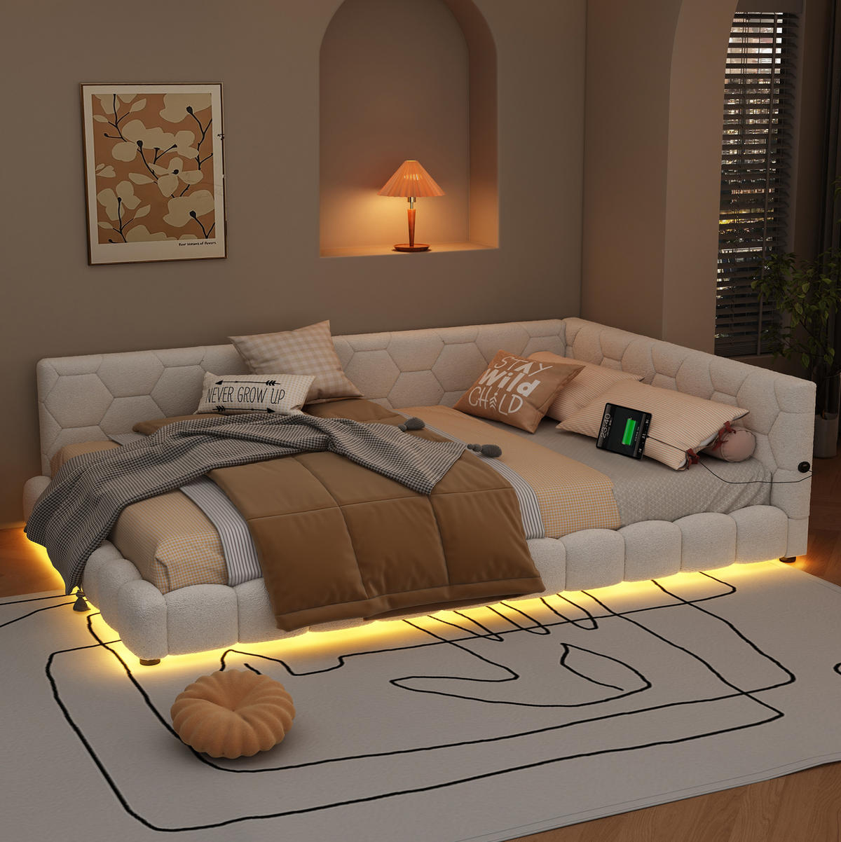 POLSTERBETT aus Vliesimitat 140x200 cm in Weiß mit LED & USB/Typ-C - Weiß, Textil (140/200cm) - Modfu