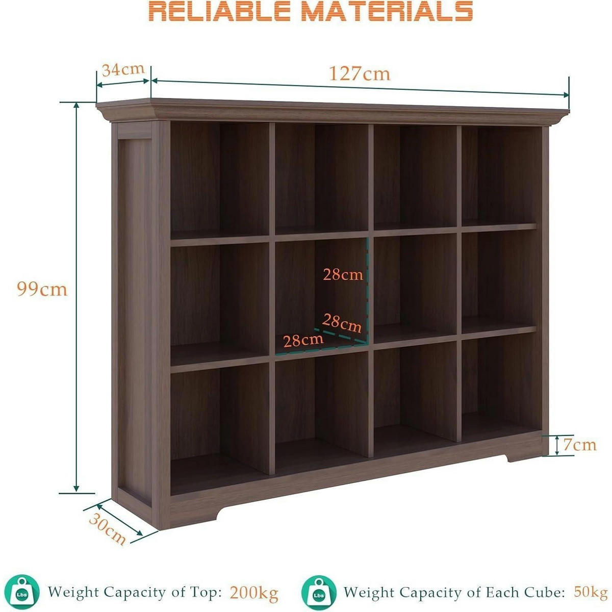 BÜCHERREGAL mit Sockel 12 Fächer Walnuss 127 x 99 cm - Braun, Holzwerkstoff (127/99/34cm)