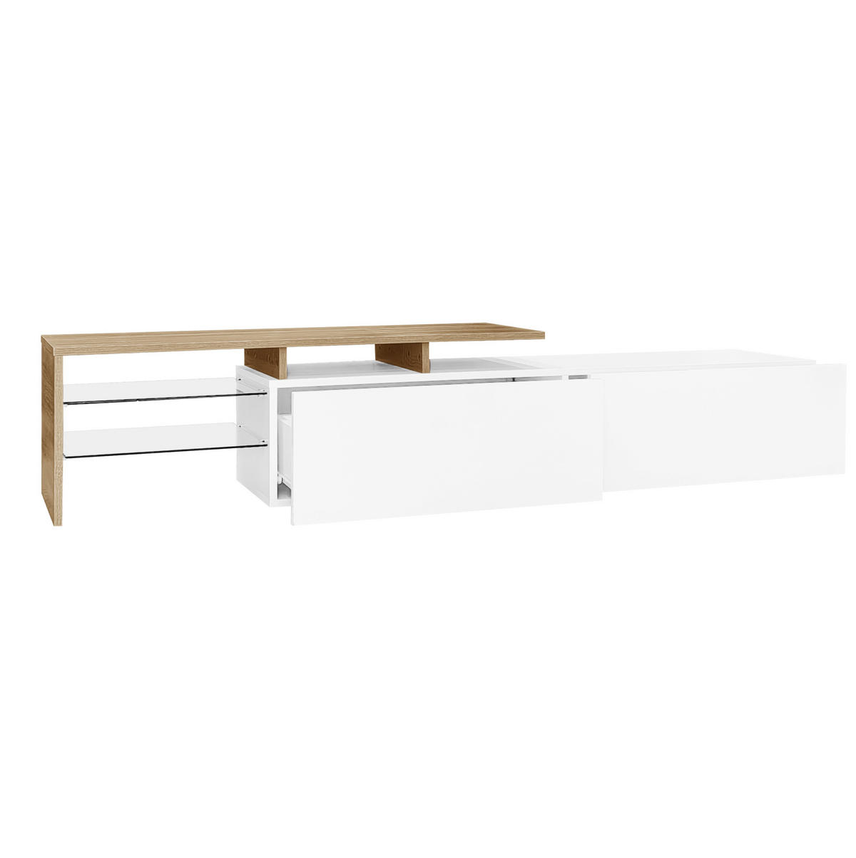 TV komoda, 170/33/33,5 cm, biela/prírodná, drevotrieska s LED osvetlením - biela, kompozitné drevo (170/33.5/33cm) - BEAOK
