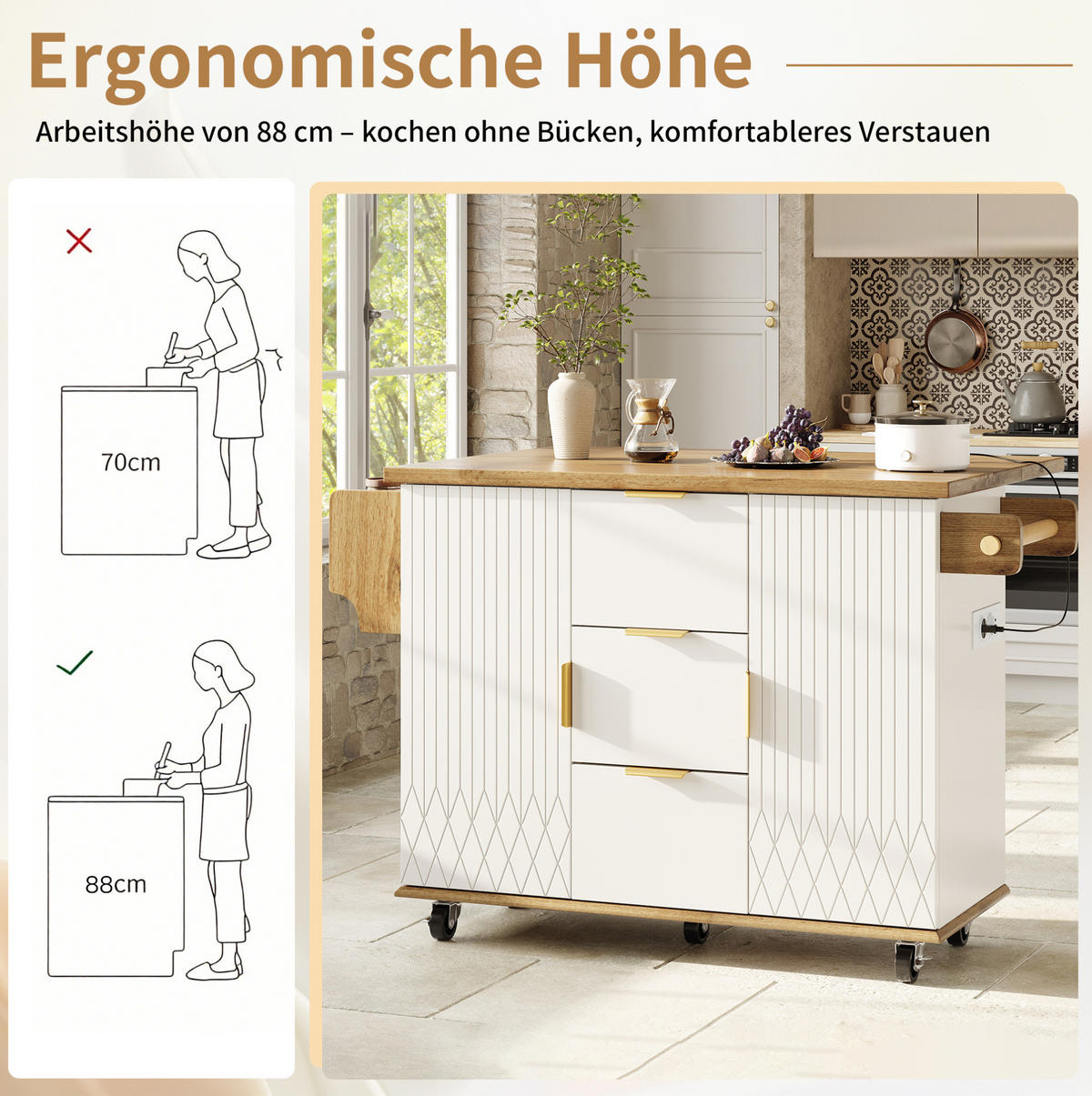 KÜCHENWAGEN mit ausklappbarer Arbeitsplatte, Steckdosen & Rollen Weiß - Weiß, Metall (46/88/134cm) - Beauniv