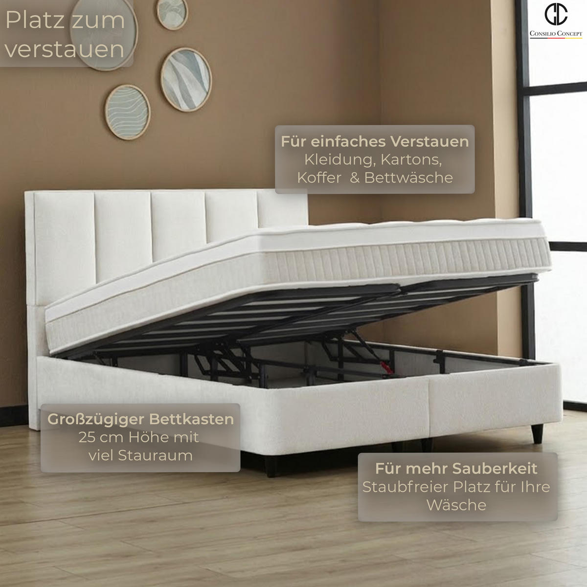 BOXSPRINGBETT MIT BETTKASTEN LUCCA 90/200 cm, Ivory, Bettkasten, Matratze, Topper integriert, H3 mittel - Creme/Schwarz, Holz/Kunststoff (90/200cm) - Consilio Concept