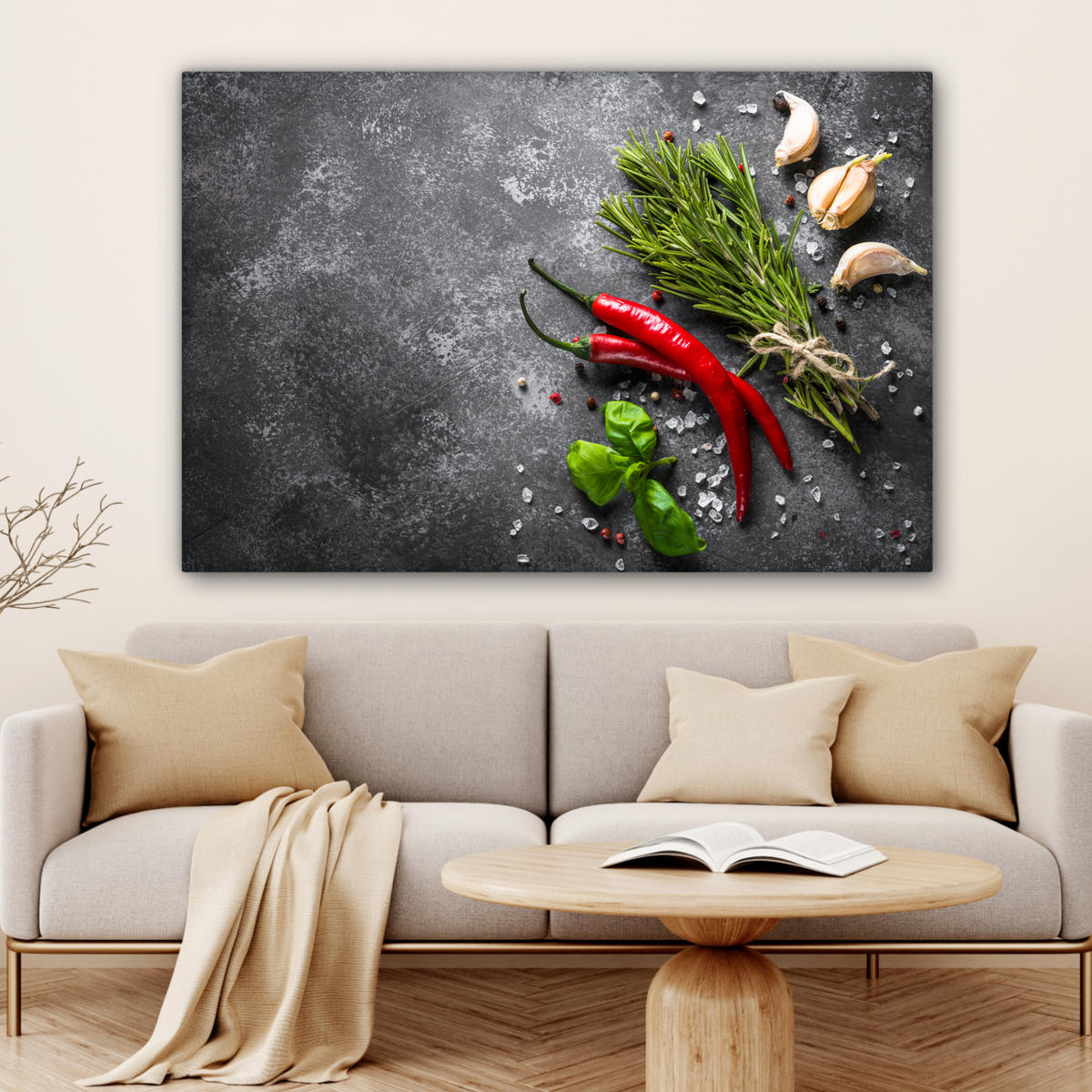 LEINWANDBILD Pfeffer - Kräuter - Gewürze - Beton Wohnzimmer 120x80 cm - Dunkelgrau, Textil (120/80cm) - MuchoWow