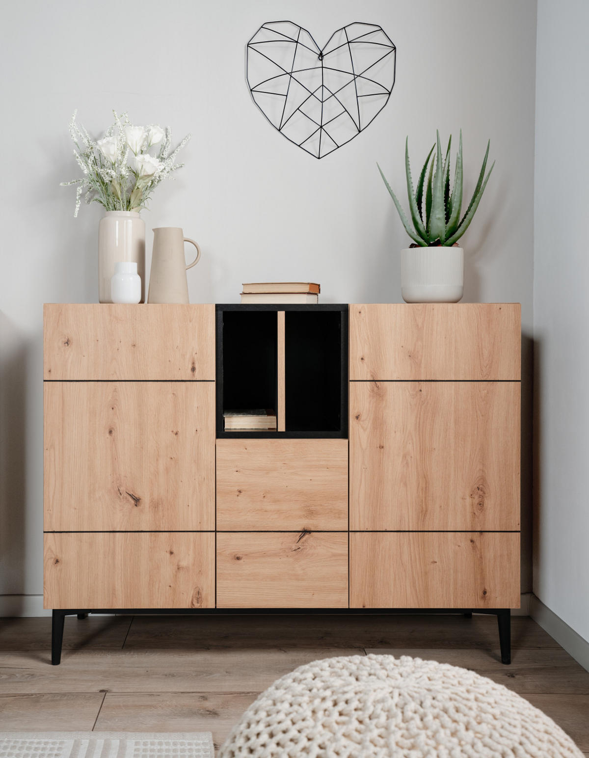 KOMMODE Eiche Artisan, schwarz 120 cm, Sideboard mit viel Stauraum - Schwarz/Eiche Artisan, Holzwerkstoff (120/90/42cm) - Furn.Design