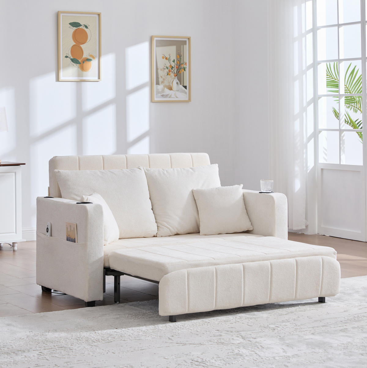 SCHLAFSOFA aus Chenille 139x83x58 cm Beige ausziehbar mit Aufbewahrungstasche und 4 Kissen - Beige, Textil (73/83/139cm) - Modfu