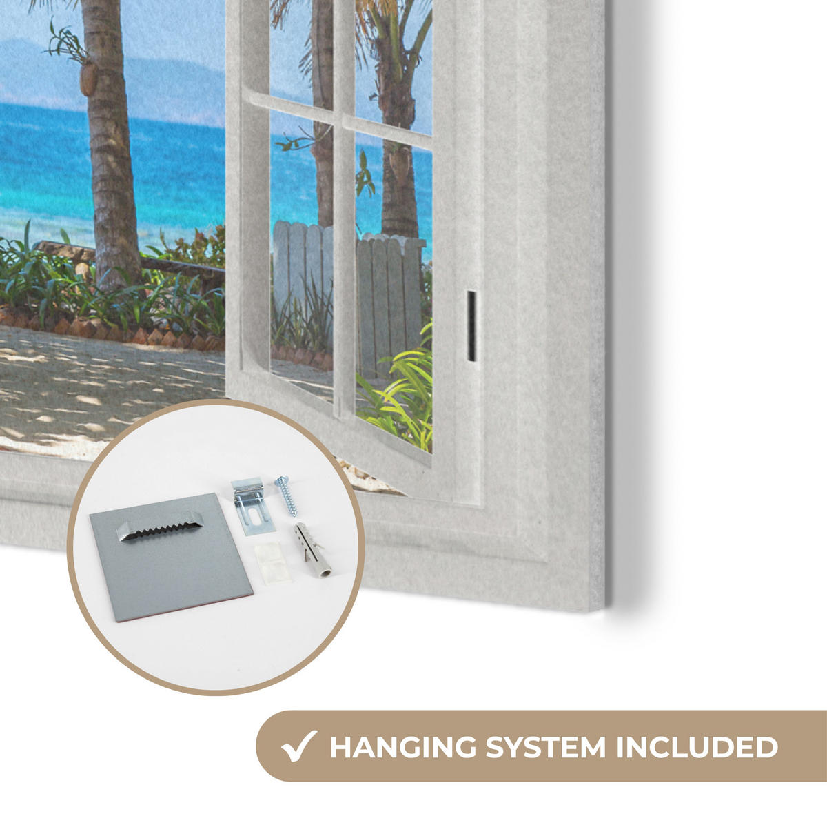 AKUSTIKBILD Aussicht - Baum - Meer - Palme - Hügel - Strand - Blau Wandbild Wohnzimmer 100x70 cm - Blau, Textil (100/70/0.9cm) - MuchoWow