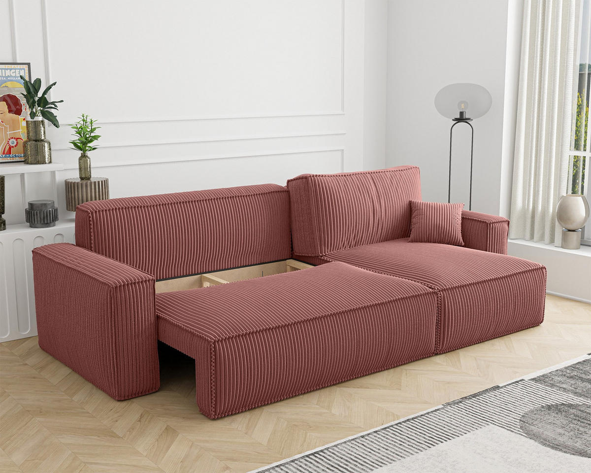 ECKSOFA Scarlo Dunkelrosa Cordbezug - Dunkelrosa/Schwarz, Kunststoff/Textil (244/145cm) - Selsey
