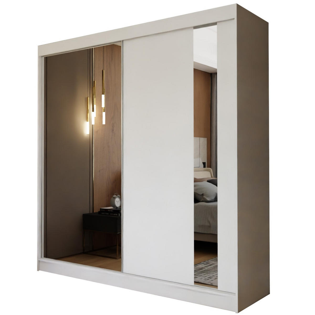 SCHWEBETÜRENSCHRANK GRAZIA 200/216/61 cm 2-türig mit Spiegel Weiß - Weiß, Holzwerkstoff (200/216/61cm) - MASSENO