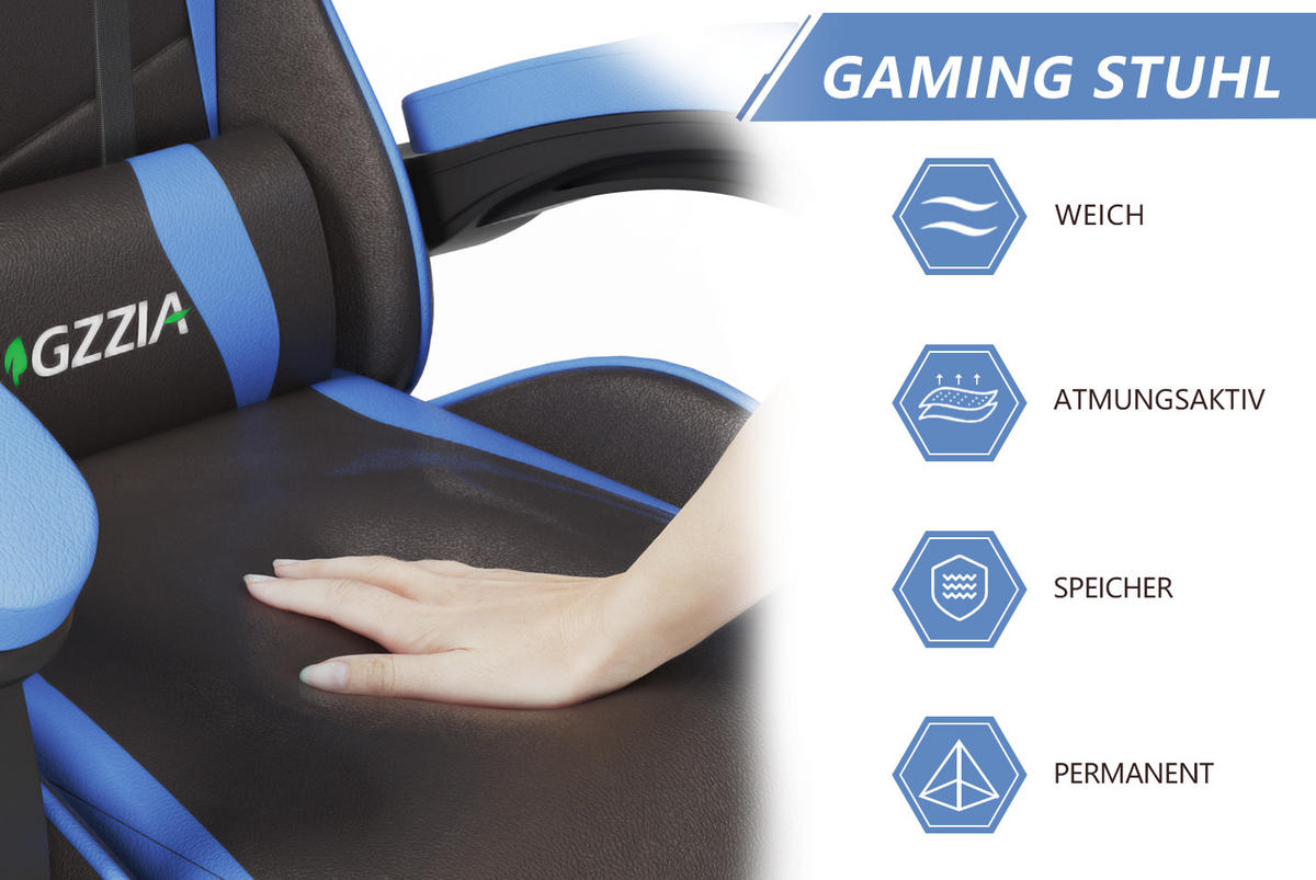 GAMING-STUHL ergonomisch, verstellbare Rückenlehne, Kissen – Blau - Blau, Leder (59/120/56cm) - Rattantree
