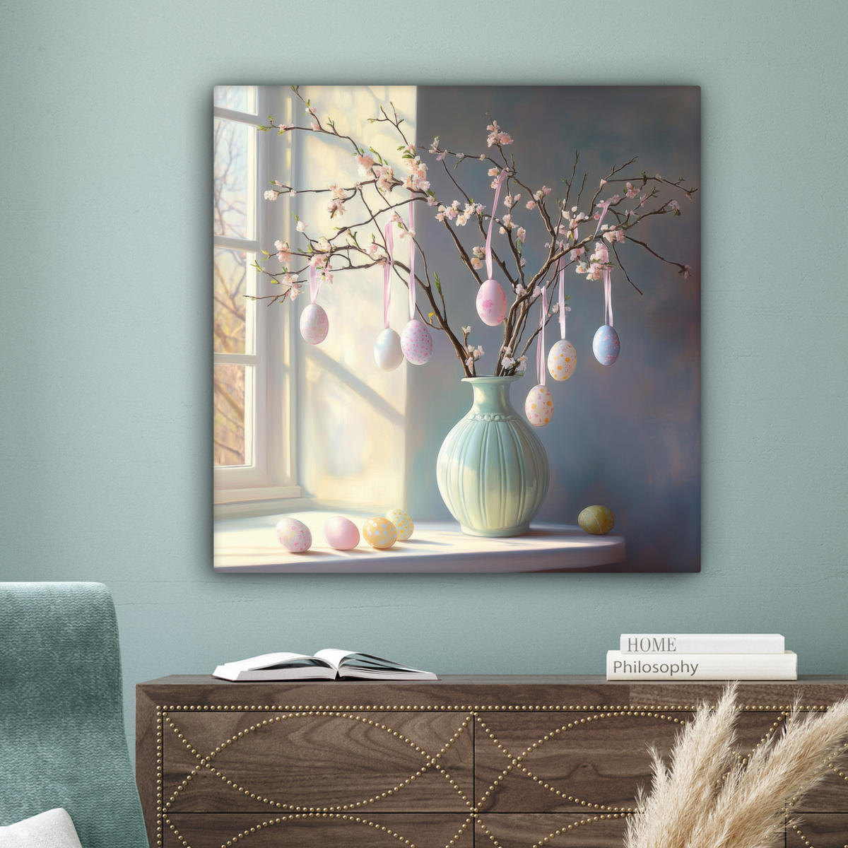 LEINWANDBILD Stillleben - Vase - Osterzweig Deko Groß 90x90 cm - Hellblau, Textil (90/90cm) - MuchoWow