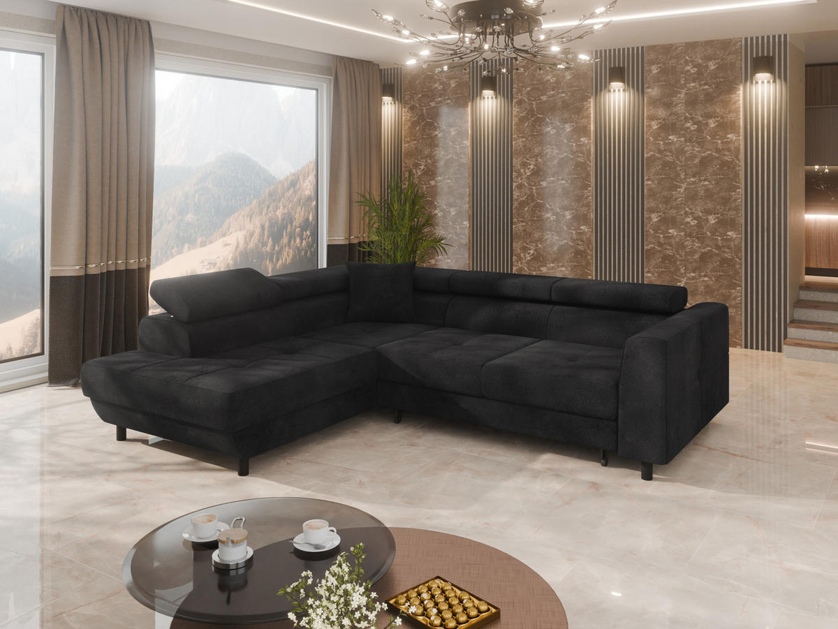 ECKSCHLAFSOFA Vena III mit Schlaffunktion und Bettkasten, Links montierbar, Shwarz - Dunkelgrau, Holz (199/254cm) - Homesy