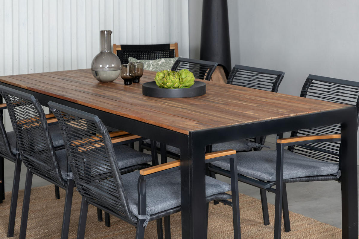 GARTENTISCHGRUPPE, Bois, Tisch Schwarz, Stühle Natur, Metall, 90 x 205 x 76 cm, 7-teilig - Schwarz, Metall - ebuy24