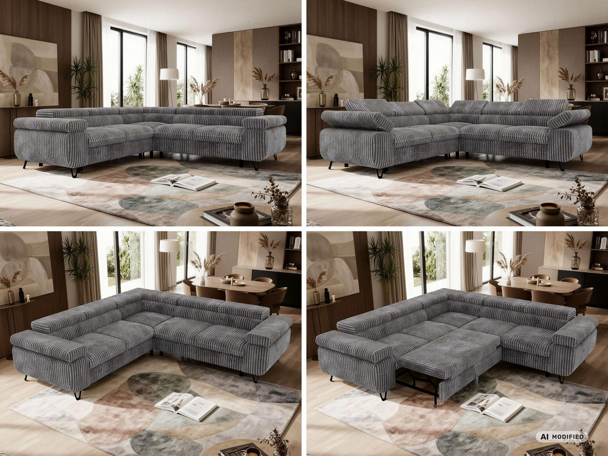 ECKSOFA QUADRO L - Grau Cord - Rechts Seite - Schwarz/Grau, Textil/Metall (269/269cm) - MKS