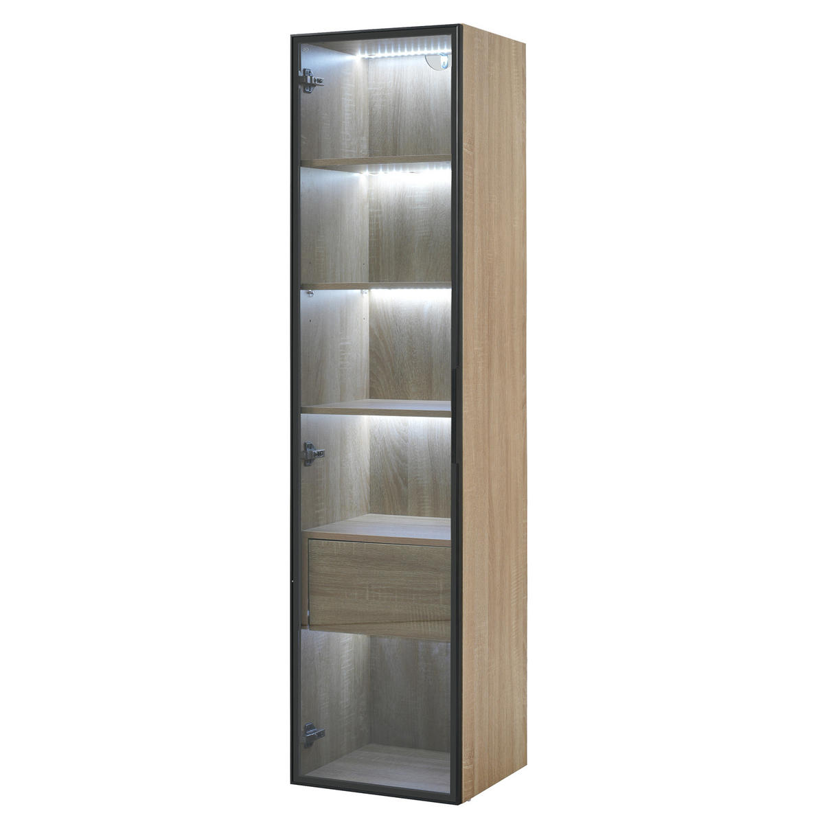 BADEZIMMERSCHRANK in Naturfarbe Highboard mit Lichtleiste und Schubladen für Badezimmer, B404/T34.5/H165 cm - Naturfarben, Glas/Holzwerkstoff (40/165/34.5cm) - STILVORA