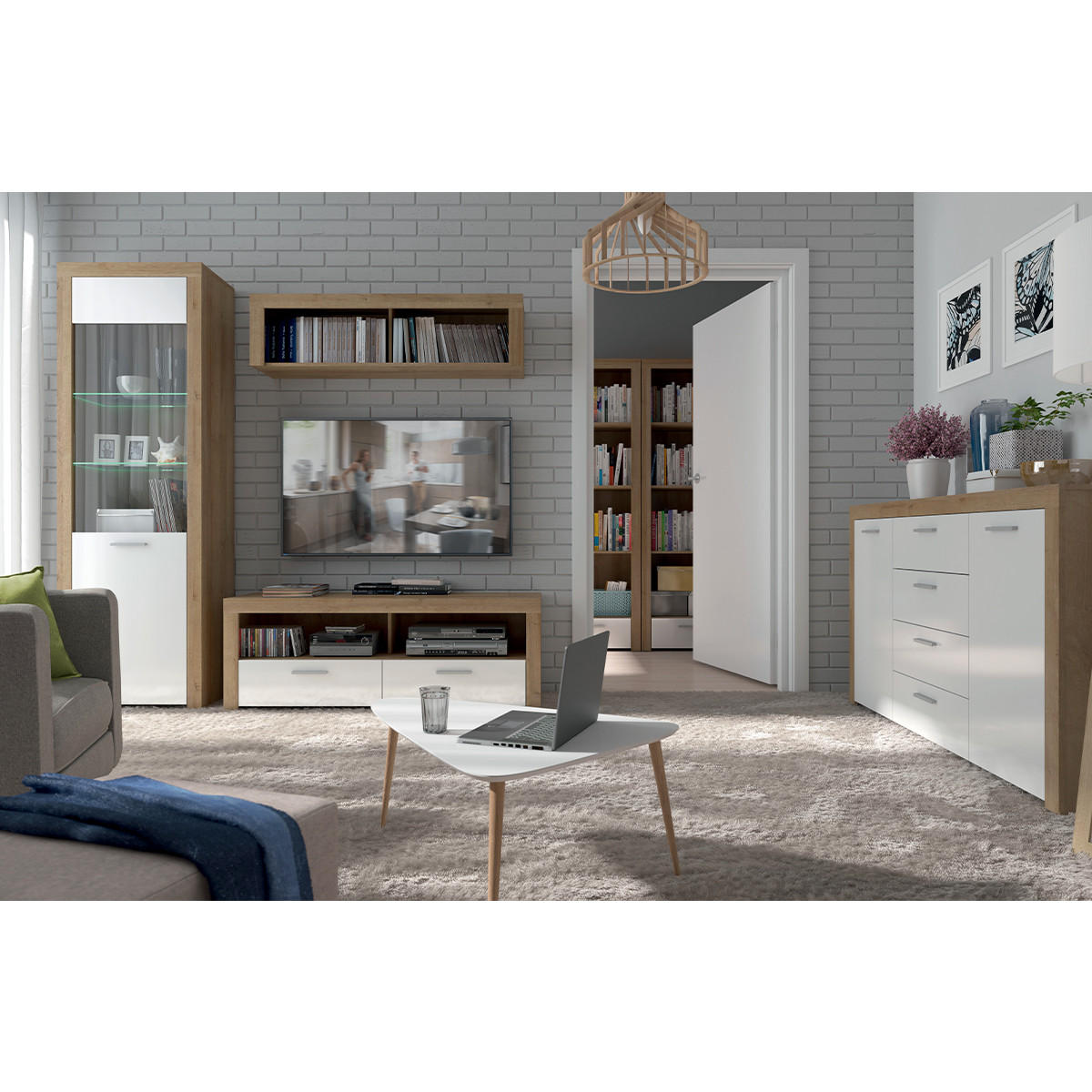 VITRÍNA Nora Bílá a dřevo - bílá, kompozitní dřevo (62/192/39cm) - Petits-meubles