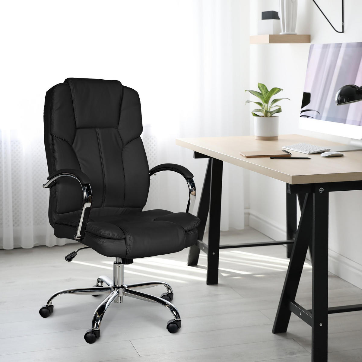 CHEFSESSEL Lederlook Schwarz - Chromfarben/Schwarz, Textil/Metall (62/115/70cm) - CLP