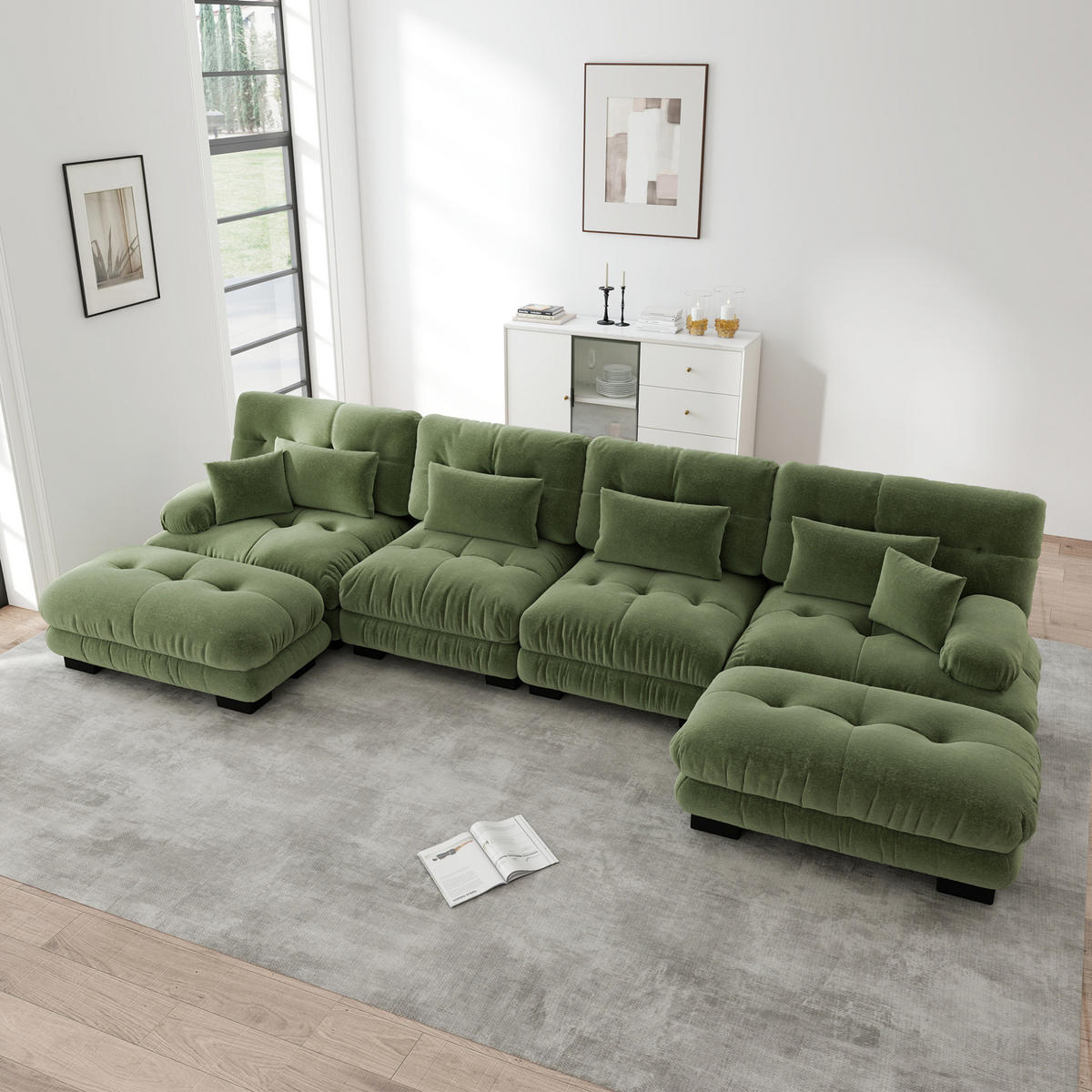 ECKSOFA 406/145/81 cm grün aus Chenille mit beweglichen Ottomanelementen - Grün, Textil (145/406cm) - OKWISH