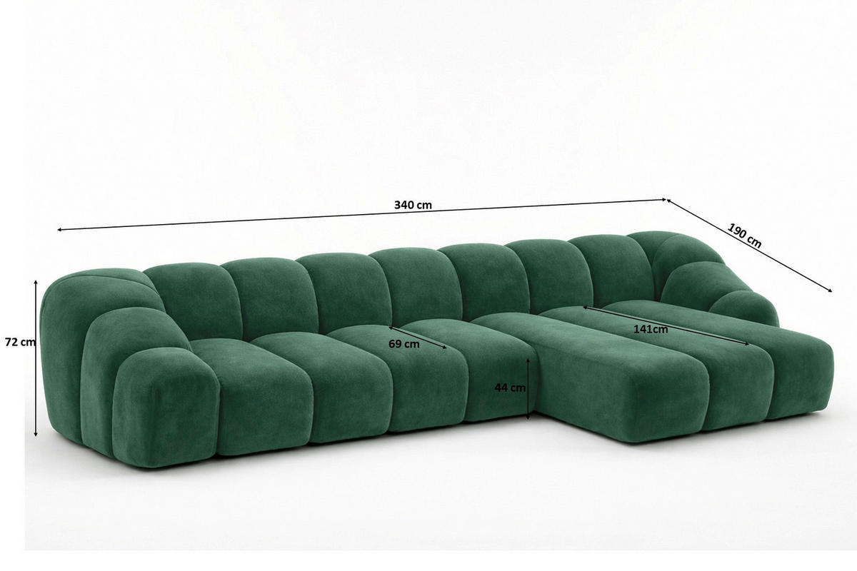 ECKSOFA Modulare L-Form, Veloursstoff Bluvel, Grün, Rechts, CROISSANT XL - Grün, Holz (340/190cm) - Kaiser Möbel