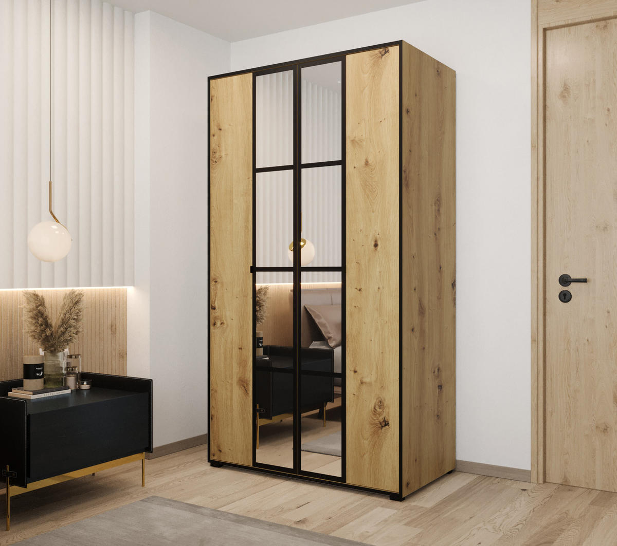 DREHTÜRENSCHRANK MODENA 120, 4-türig Kleiderschrank mit 2 Spiegel, Moderne Garderobe, Schrank in Größe: 120 x 206 x 65 cm - Schwarz/Braun, Holzwerkstoff (120/206/65cm) - O-Sofa