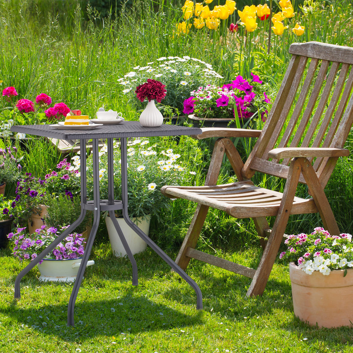 GARTENTISCH - Grau, Kunststoff/Metall (61/61/75cm) - Relaxdays