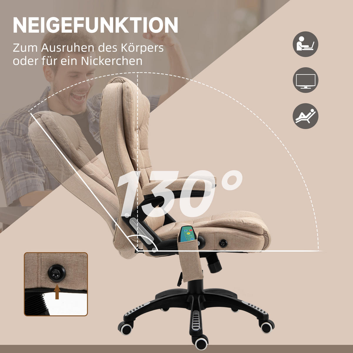 BÜROSTUHL mit Vibrationsmassage, Ergonomisch Schreibtischstuhl Höhenverstellbar - Schwarz/Braun, Kunststoff/Textil (74/116/67cm) - Vinsetto