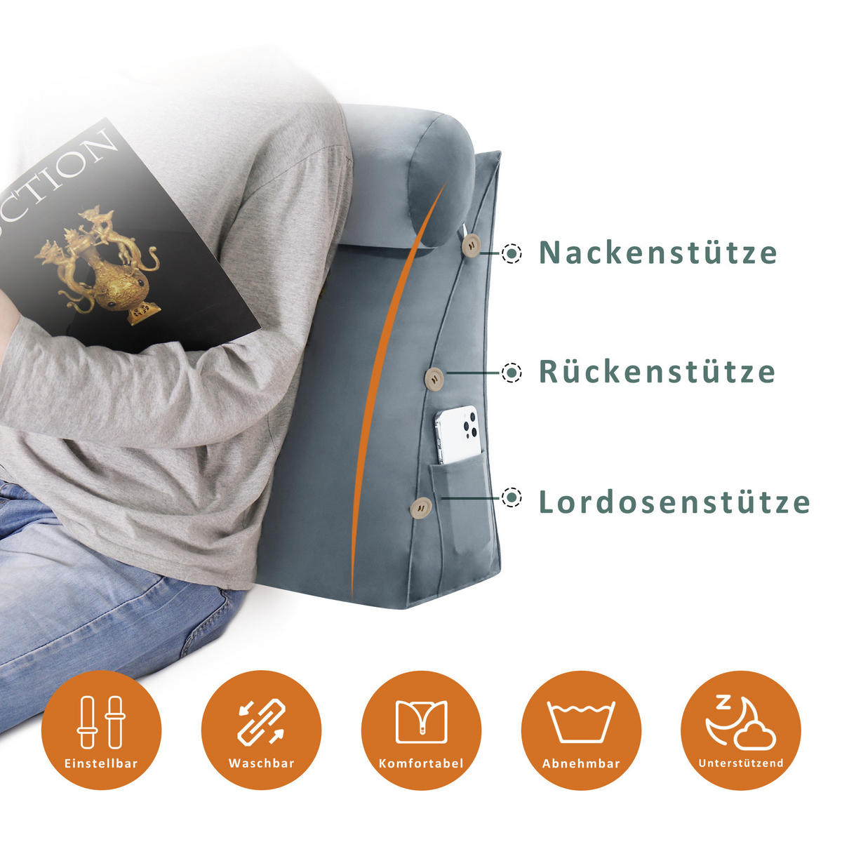 KEILKISSEN mit Nackenrolle Samtlook Grau 60 cm - Grau, Textil (50/60cm) - Vercart