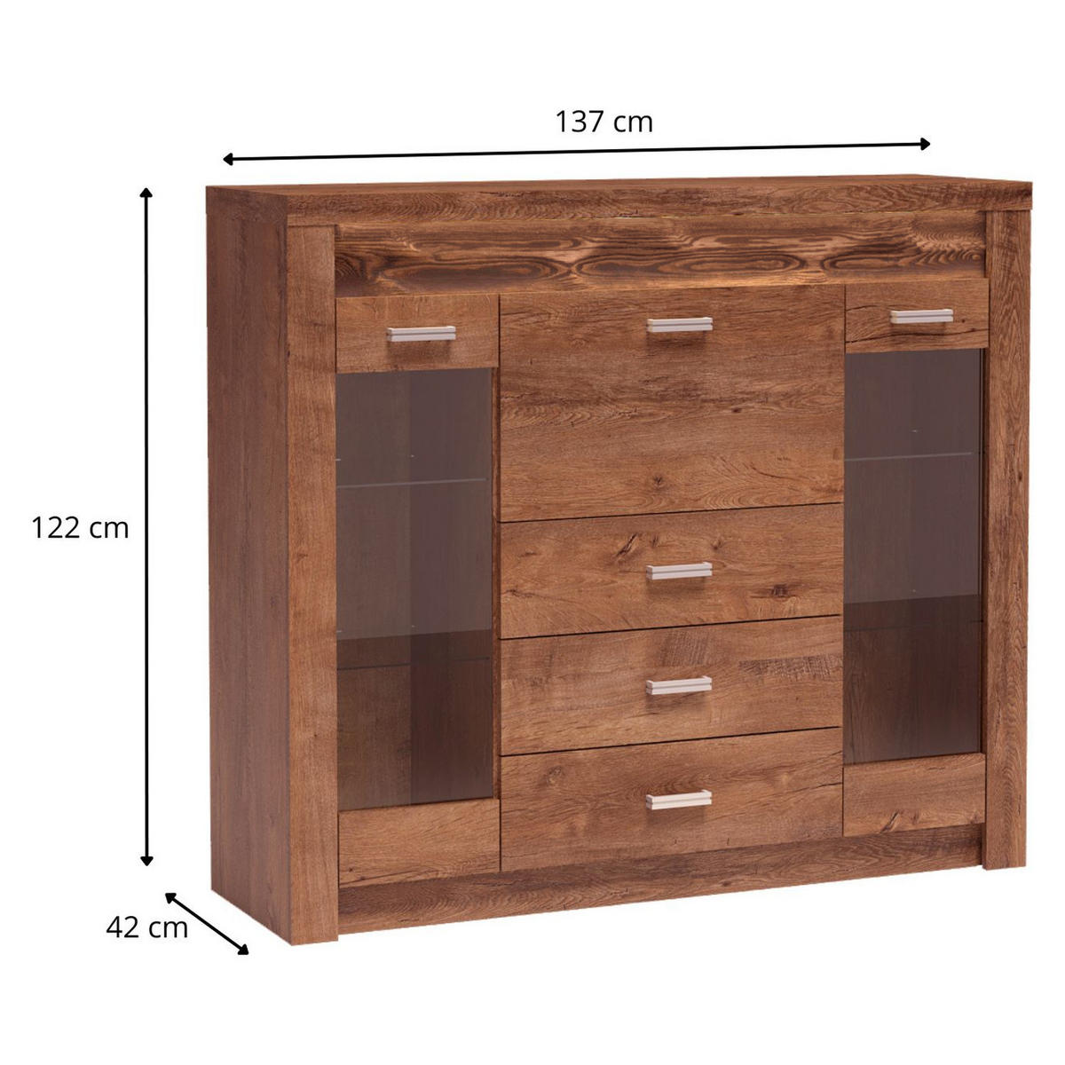 VITRINENKOMMODE Indianapolis I-8 137 x 122 x 42 cm Esche hell - Braun, Holzwerkstoff/Metall (137/122/42cm) - Koseto