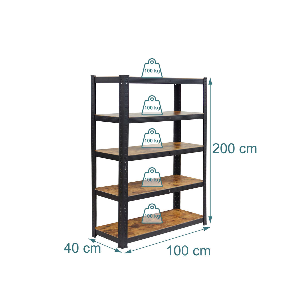 REGAL Crna Smeđa 5-polica 500 kg - višebojno, drvni materijal/metal (100/200/40cm) - Relaxdays