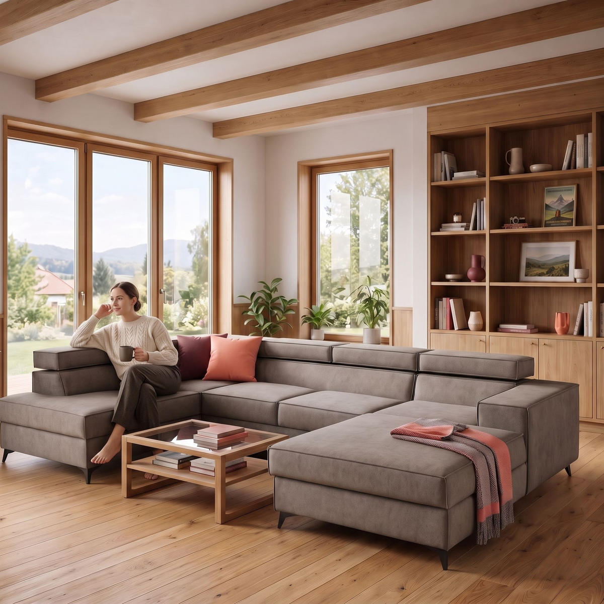 ECKSOFA PURE U Links mit Schlaffunktion 127x270 Velours Beige - Beige/Schwarz, Holz/Textil (340/204cm) - Muffo