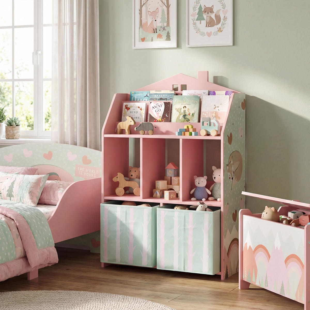 KINDER-BÜCHERREGAL MDF Vliesstoff Rosa - Rosa, Holzwerkstoff/Textil (30/91.5/62.5cm) - AIYAPLAY