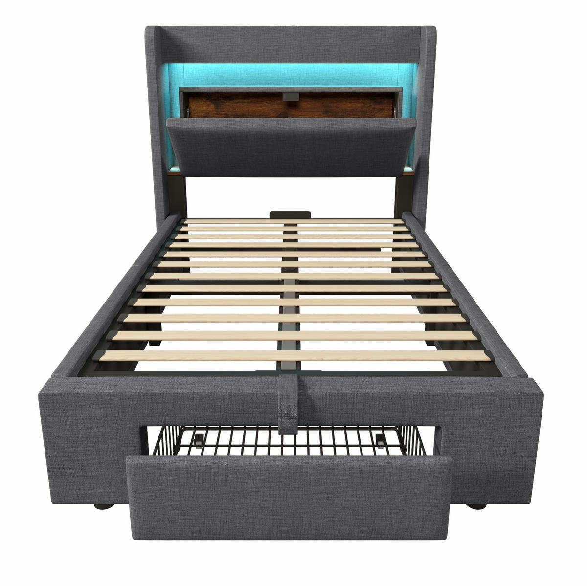 POLSTERBETT 90/200 cm Grau mit Stauraum, LED-Beleuchtung und USB- und Type-C-Anschlüssen - Grau, Textil (90/200cm) - Flora Grace
