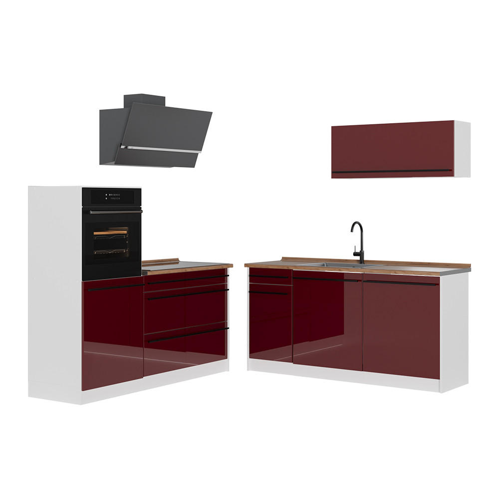 KÜCHENZEILE R-Line, Rot Hochglanz/Weiß, 160 cm Arbeitsplatte Goldkraft Eiche - Rot/Weiß, Holzwerkstoff (160/143/60cm) - Vicco
