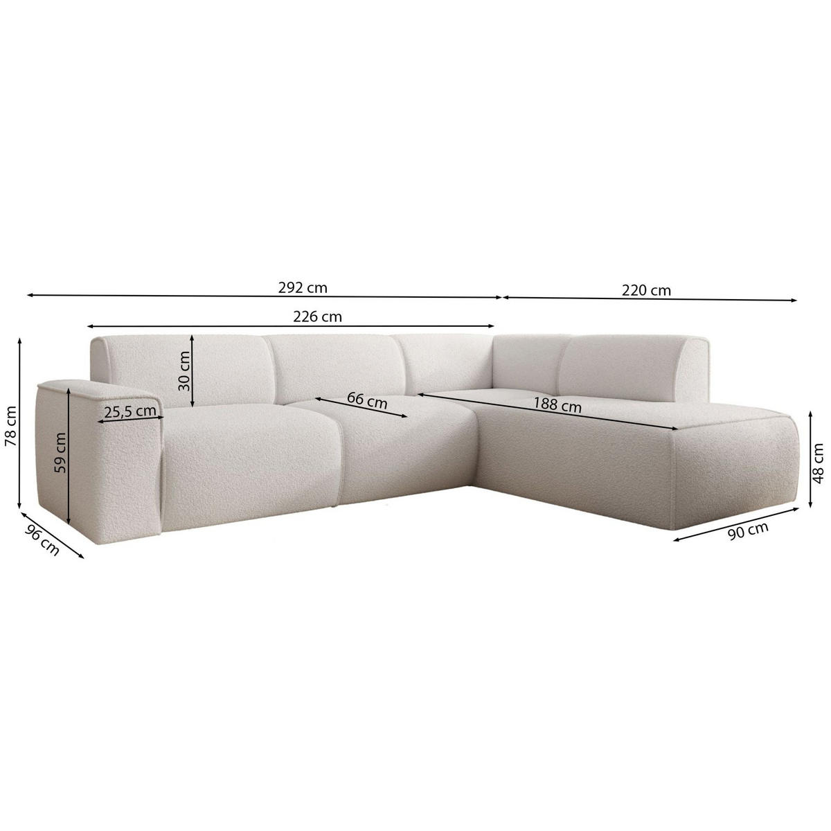 ECKSOFA Bouvi Hellbeige links - Ecru/Schwarz, Kunststoff/Textil (292/220cm) - Selsey