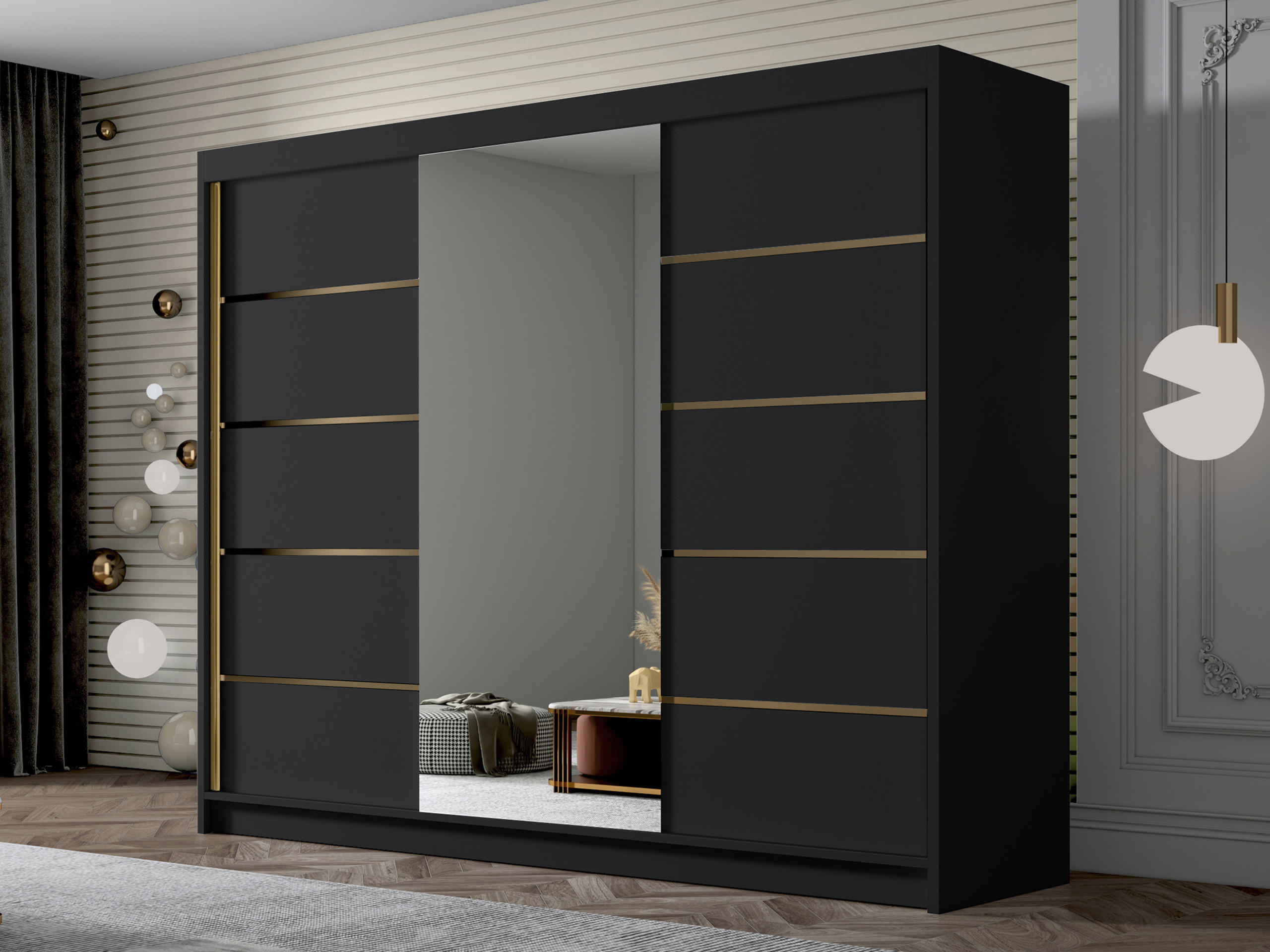 SCHIEBETÜRENSCHRANK Amber VI - Goldfarben/Schwarz, Holzwerkstoff/Metall (250/215/58cm) - MIRJAN24